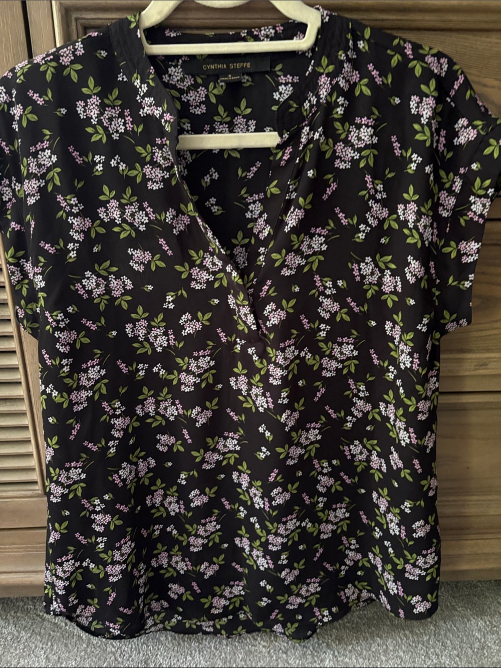 Cynthia Steffe Black Floral V-Neck Blouse with Pink & Green Print
